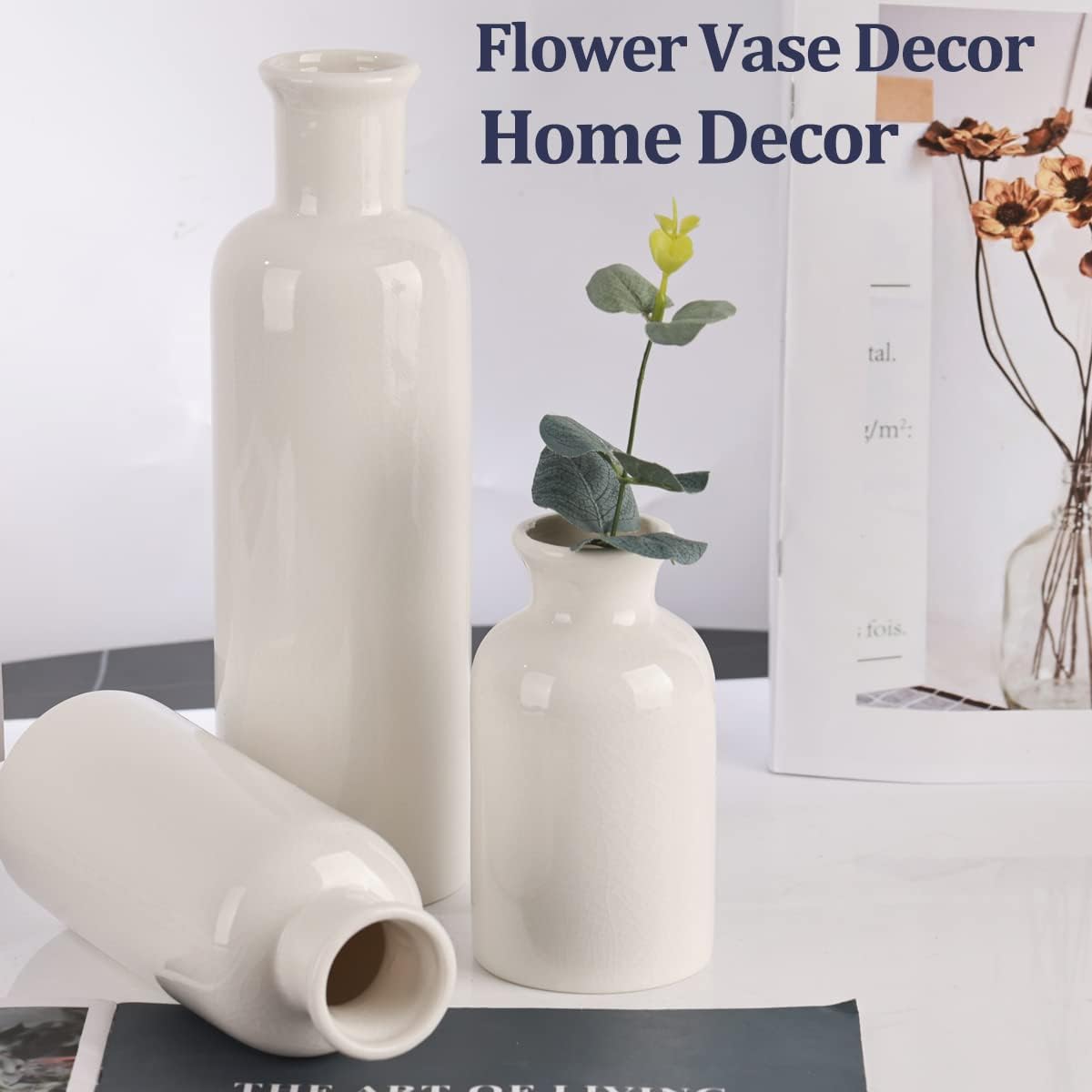 Blue Ceramic Vase Set - 3 Blue Small Vases, Farmhouse Country Flower Vase Home Decor, Living Room Decoration, Table Decoration, Fireplace Decor, and Entrance Decorations Centerpieces