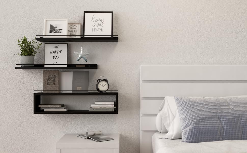 WOPITUES Floating Shelves for Wall with Cube Shelf, Wall Shelves with Metal Rail for Bathroom Decor, Bathroom Organizers and Storage, Over Toilet Shelves for Toilet Paper-Black