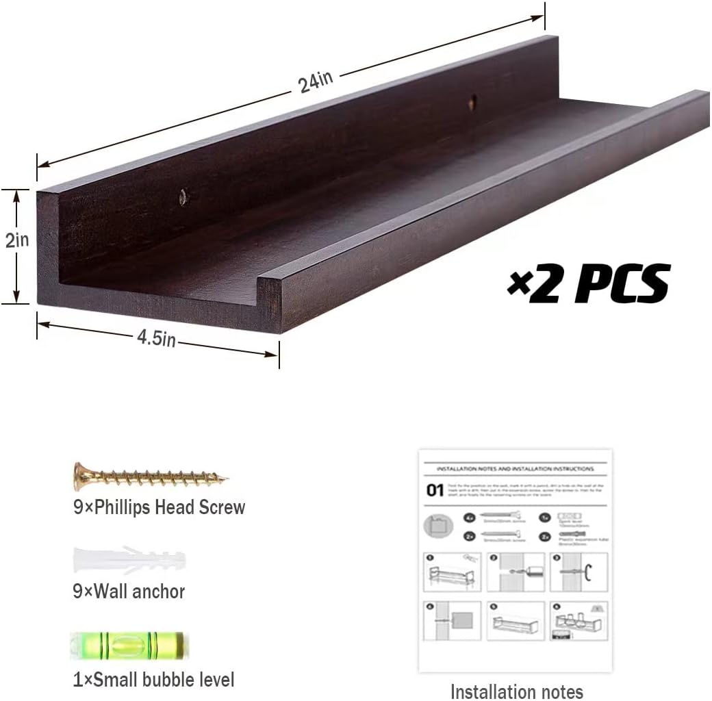 AZSKY Floating Shelves Wall Mounted Set of 2 Natural Wood Picture Shelves Wall Shelves for Bedroom Bathroom Living Room Kitchen Laundry Room Storage & Decoration 24 Inch