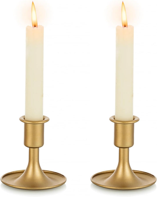 Gold Taper Candle Holder Set of 12, Hewory Short Skinny Brass Candlestick Holders, Vintage Small Low Metal Candles Sticks for Wedding Centerpieces Christmas Birthday Party Holiday Dinning Table Decor