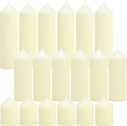18 Pcs Ivory Pillar Candles Bulk Set，3 Different Lengths 2 x 3/4/6 Inch (6 Each)，Hurricane Candles，Dripless Unscented Smokeless，Gives You a Better Atmosphere When Organizing an Event Party.