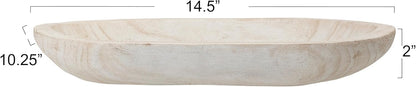 BOLTCORRSE Large Whitewashed Decorative Wood Bowl - Hand Carved Paulownia Tray for Coffee Table Centerpiece & Entryway Catchall - Organic Modern Farmhouse Decor