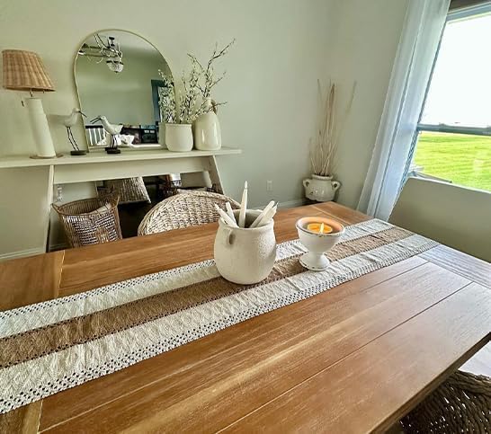FEXIA Boho Table Runner for Thanksgiving Fall Christmas Home Decor with Tassels 72 Inches Long Pottery barn Furniture Farmhouse Rustic Macrame Burlap Table Decoration for Living Room (12x72 Inches)