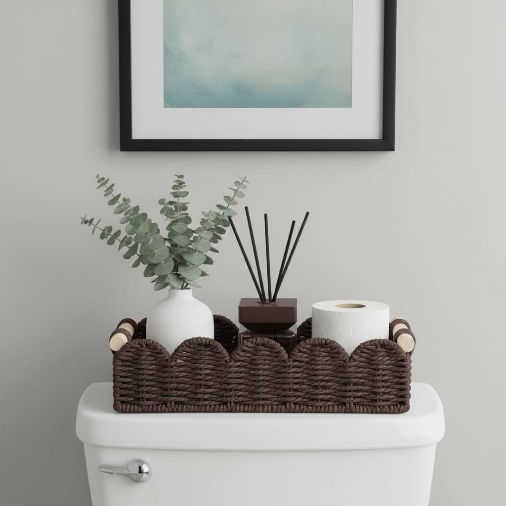 CubesLand Paper Rope Scalloped Edge Toilet Paper Storage Basket, Small Living Room, Bedroom Decor Baskets for Over Toilet Storage Shelf, End Table, Shelves and More, with 2 Wooden Handle, Neutral
