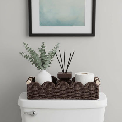 CubesLand Paper Rope Scalloped Edge Toilet Paper Storage Basket, Small Living Room, Bedroom Decor Baskets for Over Toilet Storage Shelf, End Table, Shelves and More, with 2 Wooden Handle, Neutral