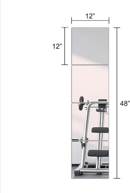 Ruomeng Home Gym Mirrors 12 Inch x 12Pcs Wall Mounted Mirror Glass Frameless Full Length Mirror Tiles for Home Gym, Bedroom, Door & Bathroom
