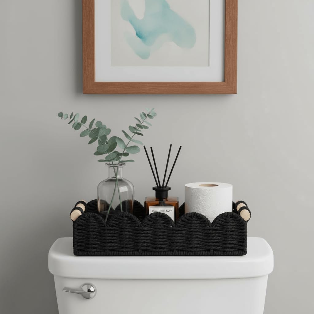 CubesLand Paper Rope Scalloped Edge Toilet Paper Storage Basket, Small Living Room, Bedroom Decor Baskets for Over Toilet Storage Shelf, End Table, Shelves and More, with 2 Wooden Handle, Neutral