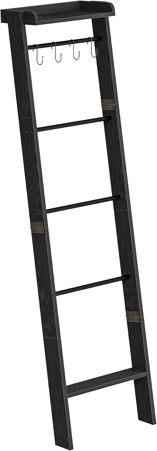 Hzuaneri Blanket Ladder Shelf, Decorative Quilt Rack, 6-Tier Farmhouse Ladder Holder Organizer with 4 Removable Hooks 7.9" D x 17.3" W x 63.4" H, Rustic Brown BR35801B