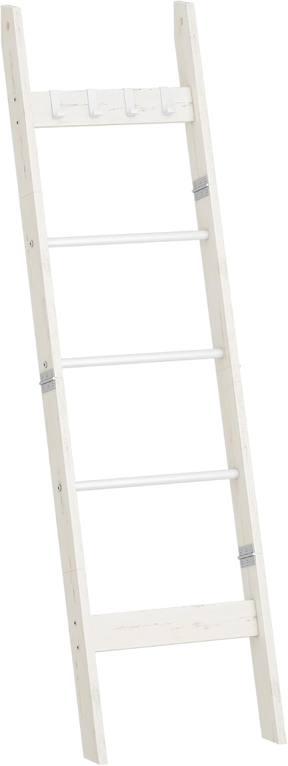 Hzuaneri Blanket Ladder for Living Room, Decorative Quilt Rack with 4 Removable Hooks, 5-Tier Farmhouse Ladder Holder Shelf Organizer for Bedroom, Rustic Brown and Black 02101BBR