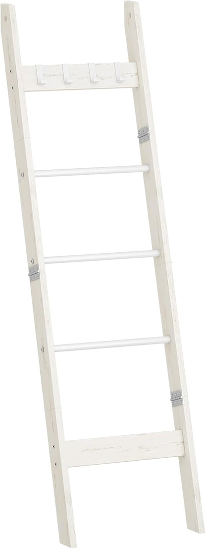 Hzuaneri Blanket Ladder for Living Room, Decorative Quilt Rack with 4 Removable Hooks, 5-Tier Farmhouse Ladder Holder Shelf Organizer for Bedroom, Rustic Brown and Black 02101BBR