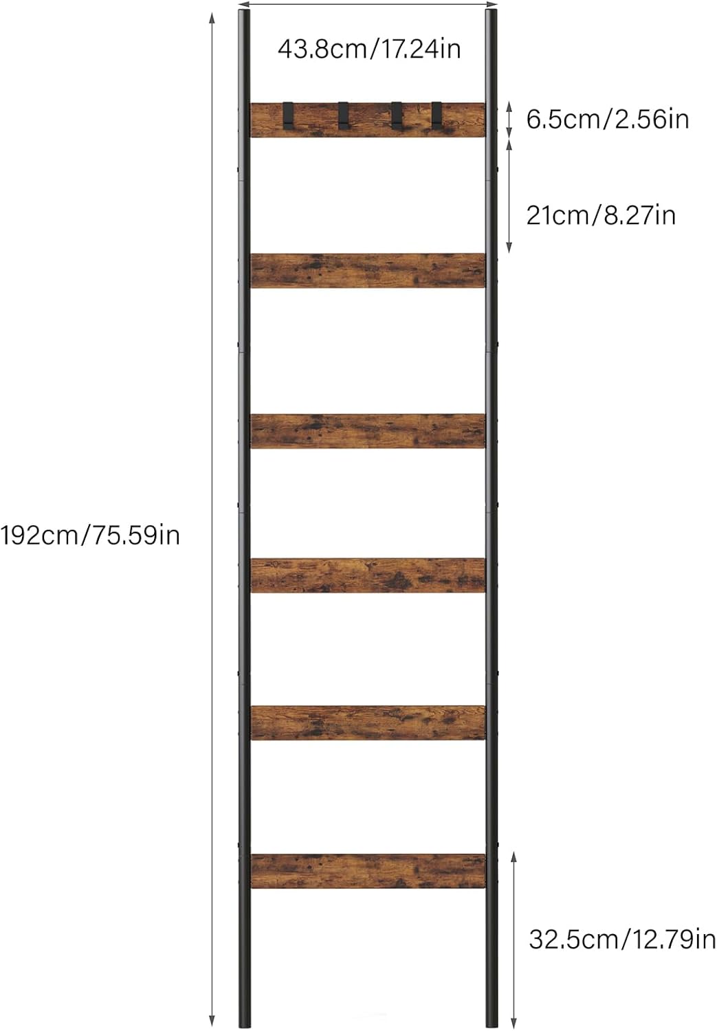 Blanket Ladder, 5-Tier Towel Holder with 4 Removable Hooks, Farmhouse Wall Leaning Decorative Rack Shelf, Wooden Towel Display Rack, Quilt Ladder for Living Room, Bedroom, Rustic Brown