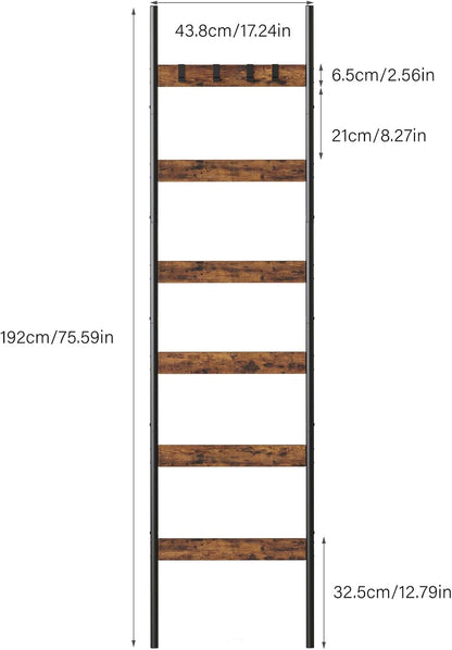 Blanket Ladder, 5-Tier Towel Holder with 4 Removable Hooks, Farmhouse Wall Leaning Decorative Rack Shelf, Wooden Towel Display Rack, Quilt Ladder for Living Room, Bedroom, Rustic Brown