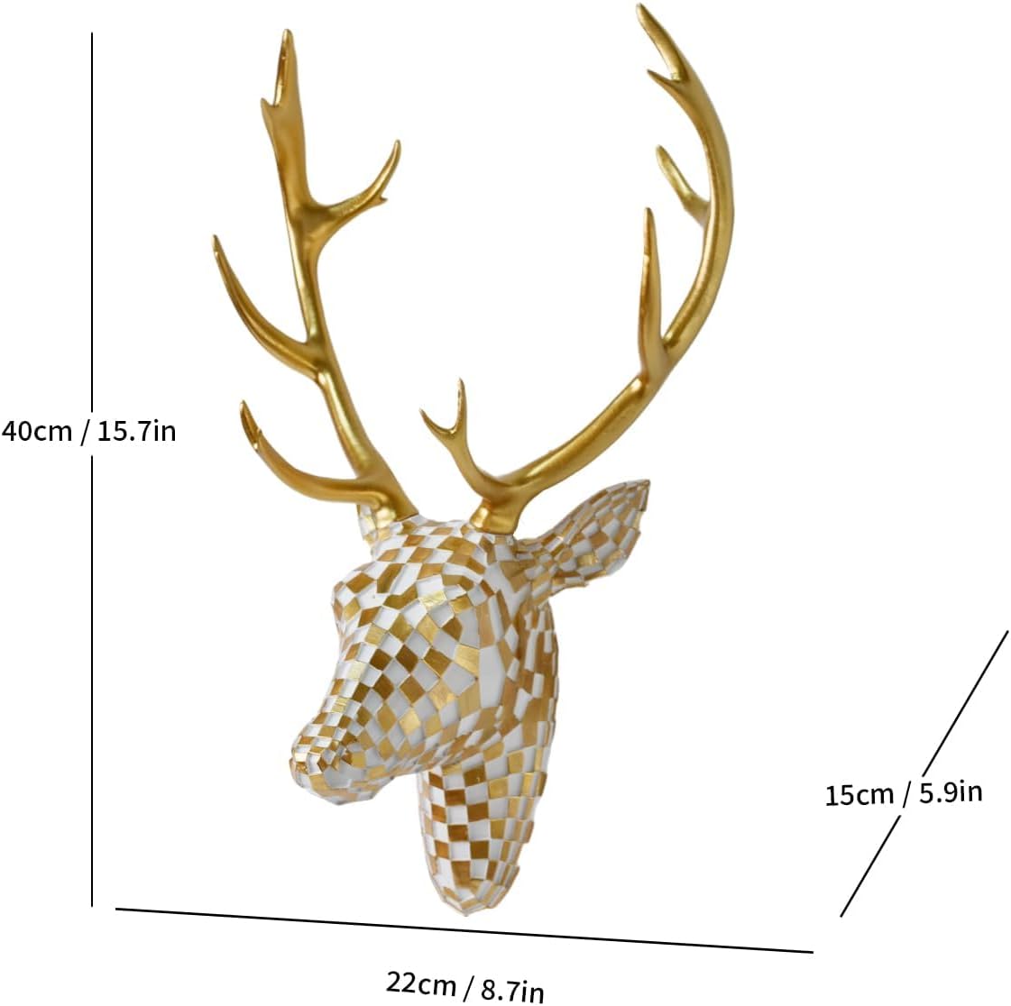 GIGICICI Mosaic Deer Head Wall Decor 15.7x8.7 Inch, Artistic Faux Resin Animal Head Wall Sculpture Hanging for Living Room Bedroom Kitchen Office, Black-White Gift