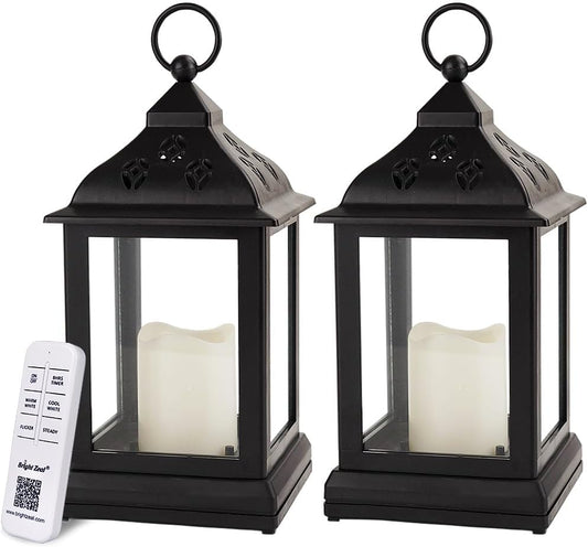 2-Pack 9.5" Vintage Decorative Candle Lantern with LED Flickering Flameless Candle (Black, 8hr Timer) - Indoor Hanging Lanterns Decorative Lanterns Battery Powered LED Candle Timer Candle