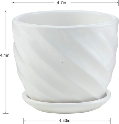 sietpoek Plant Pots - 5.5 Inch Cylinder Ceramic Planters with Connected Saucer, Pots for Succuelnt and Little Snake Plants, Set of 4, White