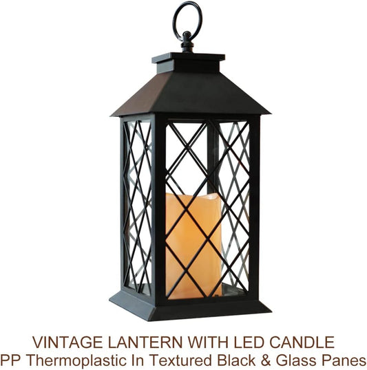 2-Pack 13.5" Vintage Candle Lantern with LED Pillar Candle (Black, 6hr Timer) - IP44 Waterproof Battery Powered Decorative Light - Outdoor Patio Hanging Lantern Decorative Tabletop Light