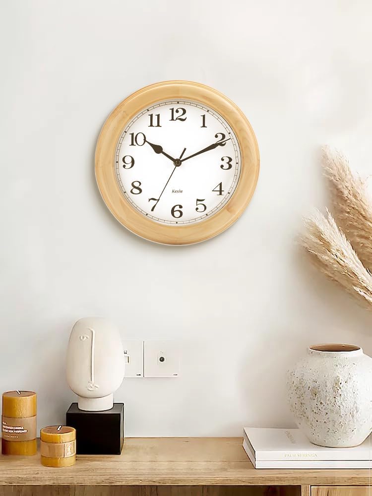 Wooden Wall Clock with Retro Design, 11 Inches Round Wall Clocks Battery Operated Silent Non-Ticking, Big Arabic Numerals, for Kitchen Living Room Classroom Gym and Pool, Brown