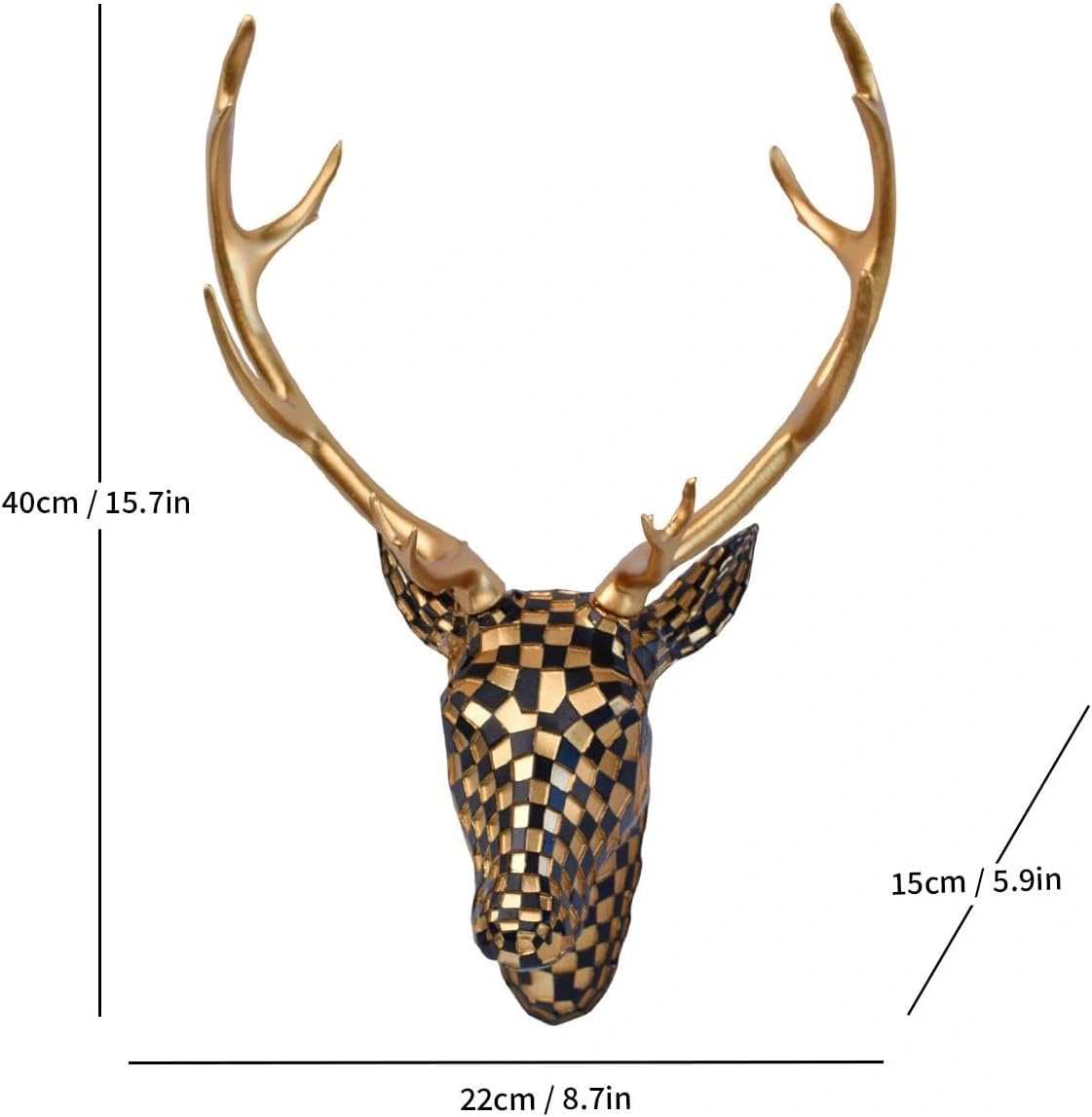 GIGICICI Mosaic Deer Head Wall Decor 15.7x8.7 Inch, Artistic Faux Resin Animal Head Wall Sculpture Hanging for Living Room Bedroom Kitchen Office, Black-White Gift