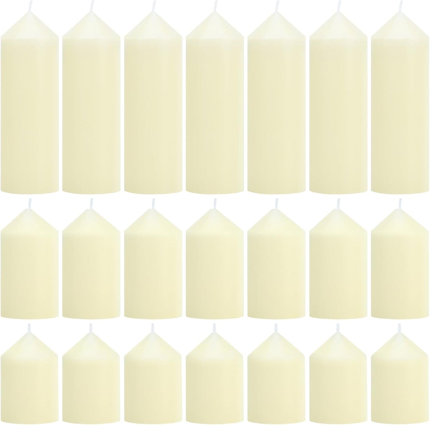 12-Pack Ivory Unscented Pillar Candle Set - 2x3, 2x6, 2x8-inch Long-Burning Drip-Free Tapers, 4 Per Size. Ideal for Home Decor, Weddings, Emergencies, and Holidays.
