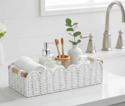 CubesLand Paper Rope Scalloped Edge Toilet Paper Storage Basket, Small Living Room, Bedroom Decor Baskets for Over Toilet Storage Shelf, End Table, Shelves and More, with 2 Wooden Handle, Neutral