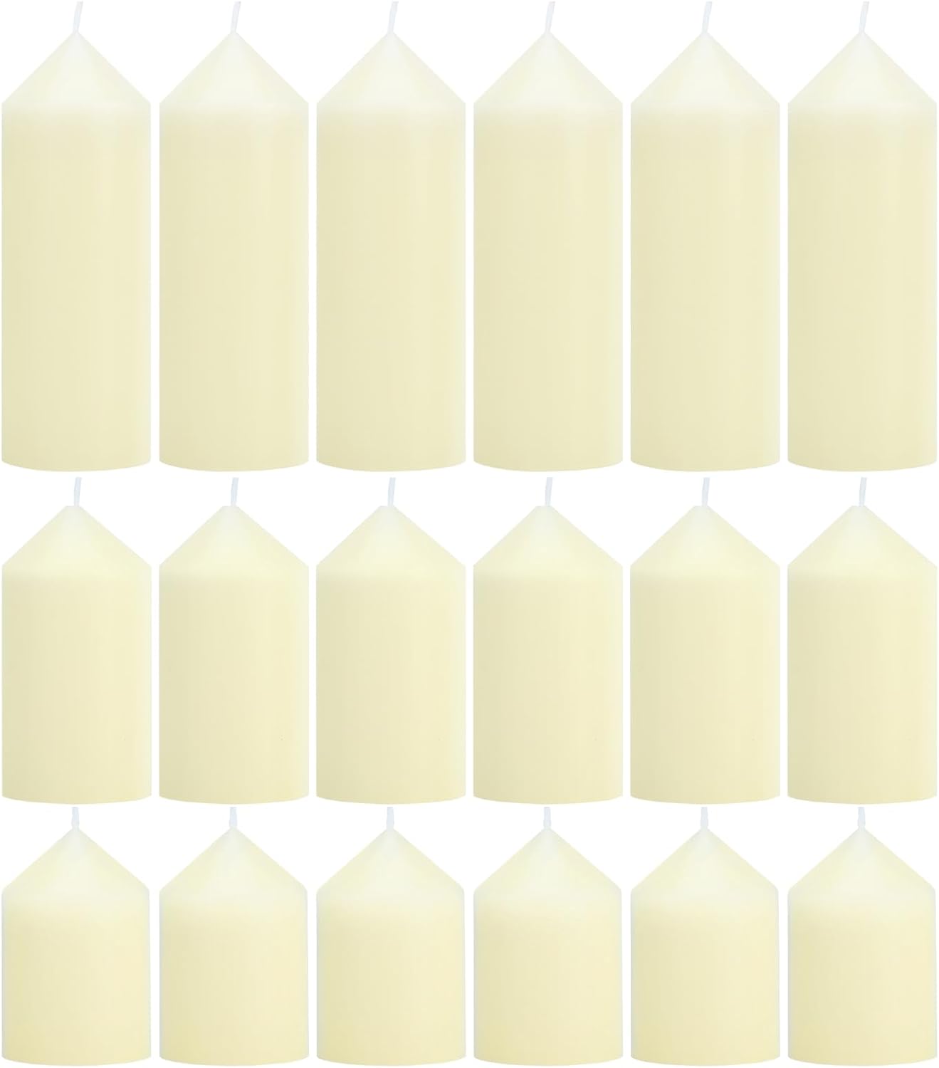 18 Pcs Ivory Pillar Candles Bulk Set，3 Different Lengths 2 x 3/4/6 Inch (6 Each)，Hurricane Candles，Dripless Unscented Smokeless，Gives You a Better Atmosphere When Organizing an Event Party.