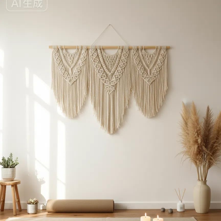 oiikain Large Handmade Boho Macrame Wall Hanging Tapestry - Chic Bohemian Woven Home Decor art for Living Room, Bedroom, and Wedding Parties (Beige, twelve rhombus)