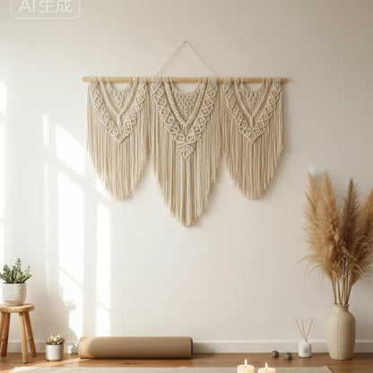 oiikain Large Handmade Boho Macrame Wall Hanging Tapestry - Chic Bohemian Woven Home Decor art for Living Room, Bedroom, and Wedding Parties (Beige, twelve rhombus)