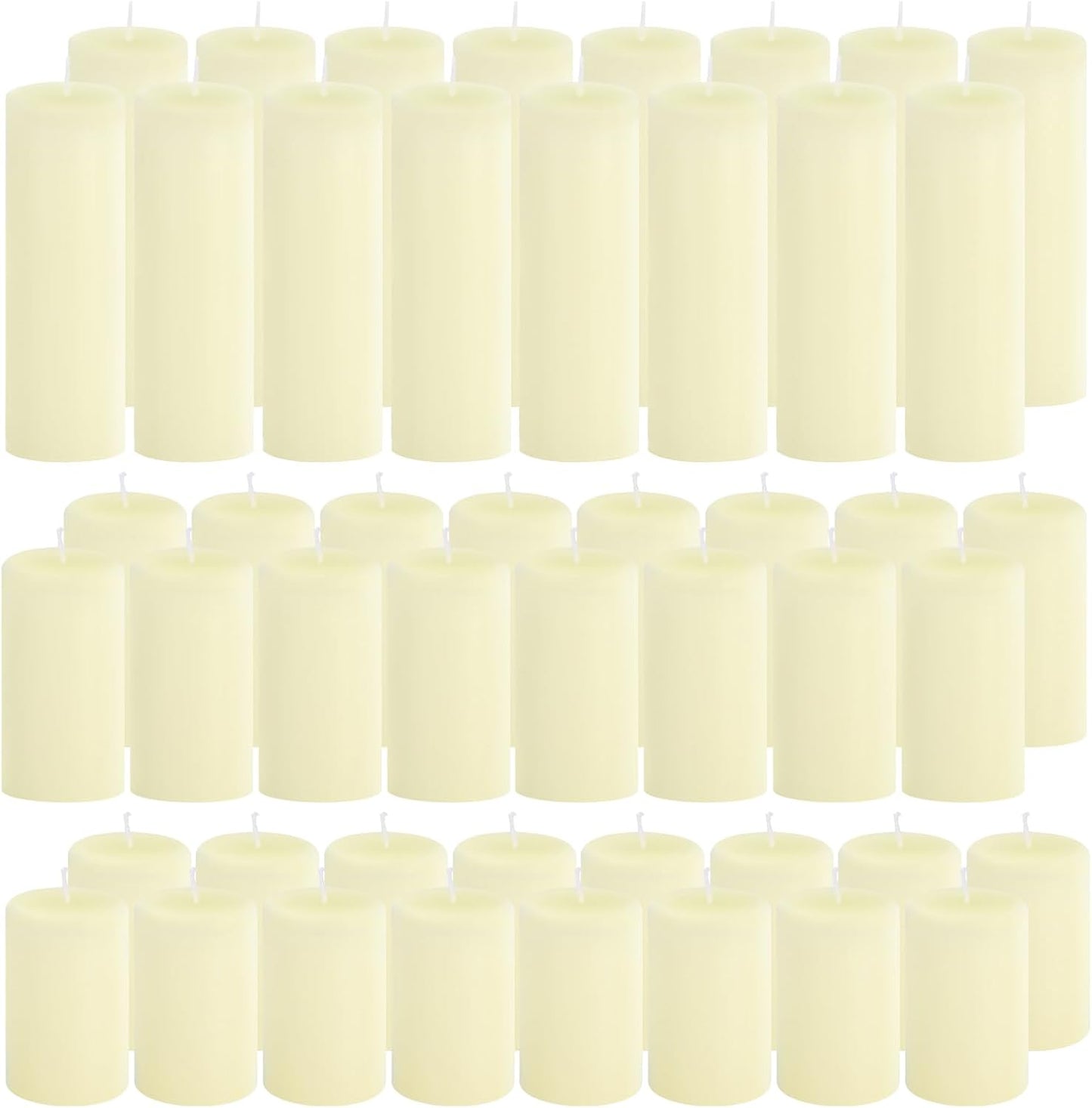 12-Pack Ivory Unscented Pillar Candle Set - 2x3, 2x6, 2x8-inch Long-Burning Drip-Free Tapers, 4 Per Size. Ideal for Home Decor, Weddings, Emergencies, and Holidays.