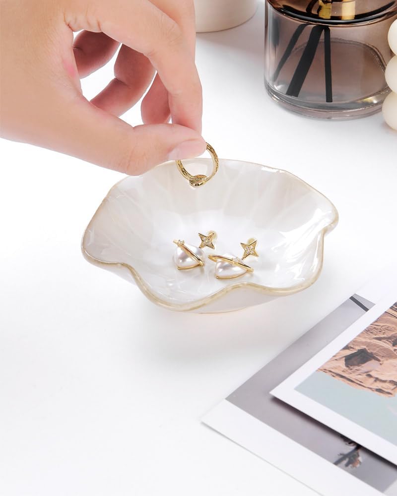 JAMEND CLXP Lotus Leaf Shape Decorative Ring Tray, Small Key Bowl, Ceramic Trinket Tray Jewelry Dish Organizing Necklace Earrings, Home Decoration for Mom Best Friend Sister, Pink.
