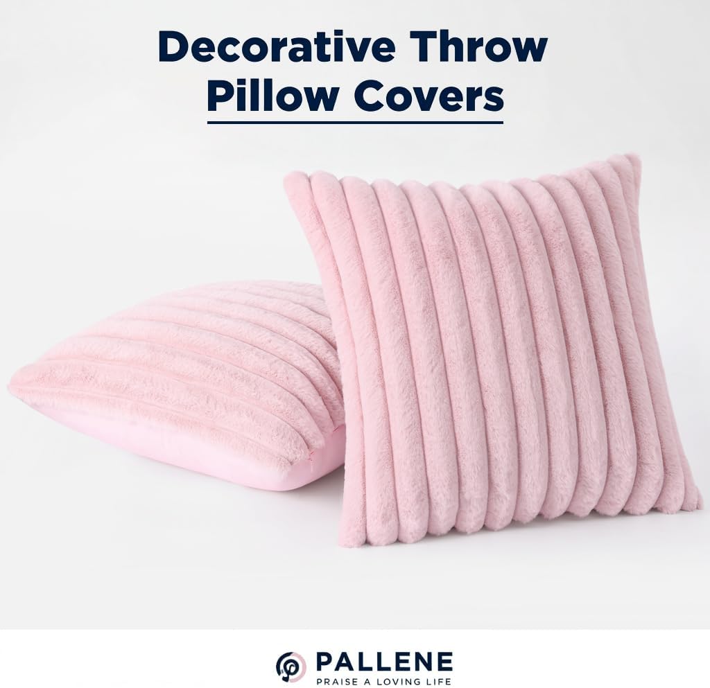 Pallene Faux Fur Plush Throw Pillow Covers 18x18 Set of 2, Luxury Soft Fluffy Striped Decorative Pillow Covers for Sofa, Couch, Living Room, Cream White