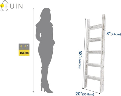 FUIN 5ft (58") Wood Blanket Ladder Living Room Decorative Wall Leaning Farmhouse Quilt Display Holder Storage Rustic Wooden Towel Rack for Bathroom, Brown
