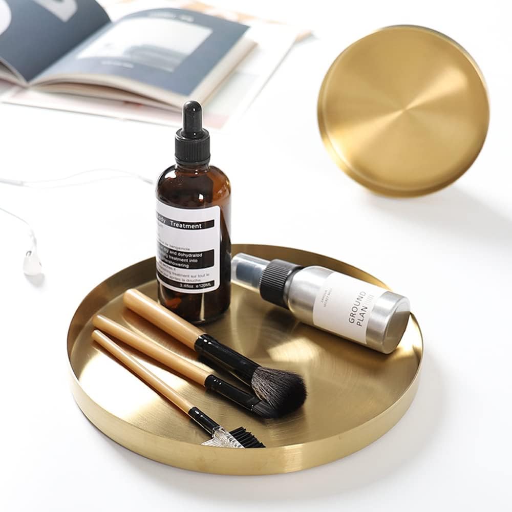 FREELOVE Gold Tray, Round Brass Serving Platter, Bar Circle Decorative Plate, Coffee Table Metal Decor Dishes, Brushed Hammered Coasters, Counter Bathroom Kitchen Dessert Cart Display Food, 12 inch