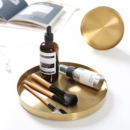 FREELOVE Gold Tray, Round Brass Serving Platter, Bar Circle Decorative Plate, Coffee Table Metal Decor Dishes, Brushed Hammered Coasters, Counter Bathroom Kitchen Dessert Cart Display Food, 12 inch