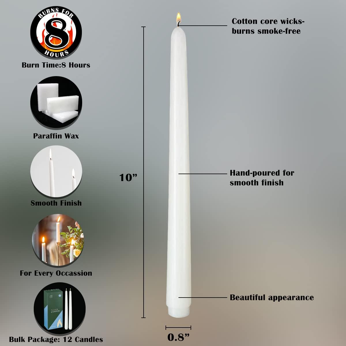 NIKY 10 inch Taper Candles for Christmas, Set of 12 Unscented Dripless Candlesticks - 8 Hours Long Burning for Home Decor, Wedding, Parties and Special Occasions (Ivory)