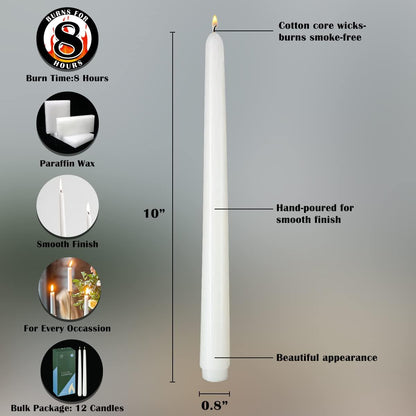 NIKY 10 inch Taper Candles for Christmas, Set of 12 Unscented Dripless Candlesticks - 8 Hours Long Burning for Home Decor, Wedding, Parties and Special Occasions (Ivory)