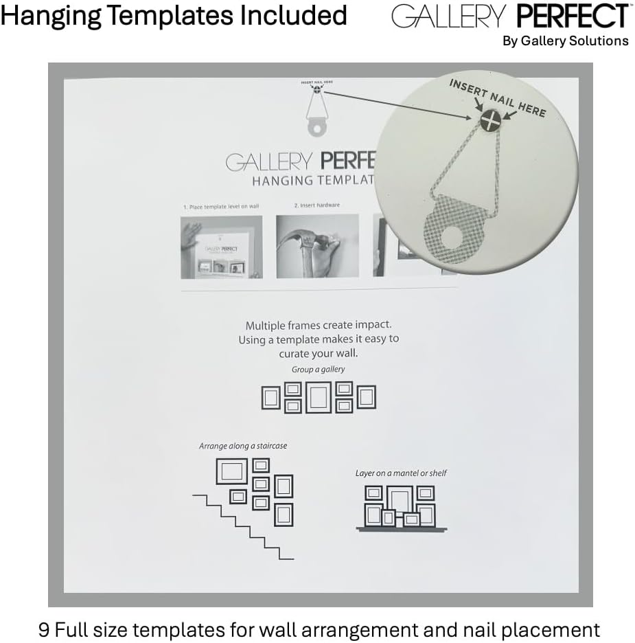 Gallery Perfect 12x12 Picture Frames, 9 Piece Set with Real Glass Cover for 8x8 Photos With Mat, Picture Frames Collage Wall Decor for Gallery Wall, Home Decor, Black