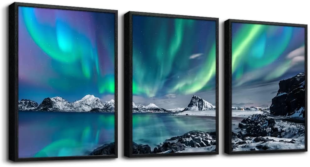 MHARTK66 Wall Art for Bedroom Wall Decor for Living Room Office Decor Abstract Mountain Aurora Landscape Painting 3 Piece Scenic Framed Canvas Art Prints Ready to Hang Kitchen Wall Pictures Home Decor