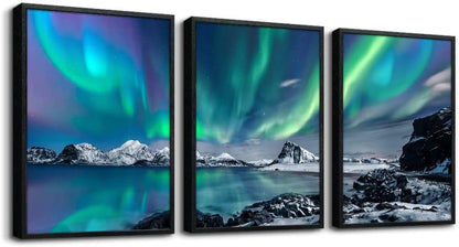 MHARTK66 Wall Art for Bedroom Wall Decor for Living Room Office Decor Abstract Mountain Aurora Landscape Painting 3 Piece Scenic Framed Canvas Art Prints Ready to Hang Kitchen Wall Pictures Home Decor