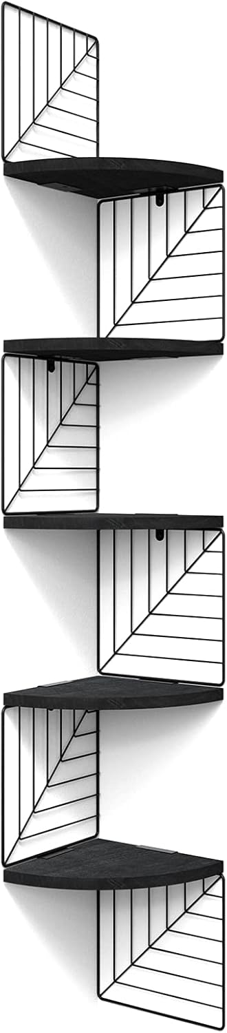 Love-KANKEI Corner Shelf Wall Mount of 5 Tier Rustic Wood Floating Shelves Wall Shelves for Bedroom Living Room Bathroom Kitchen Office and More Carbonized Black