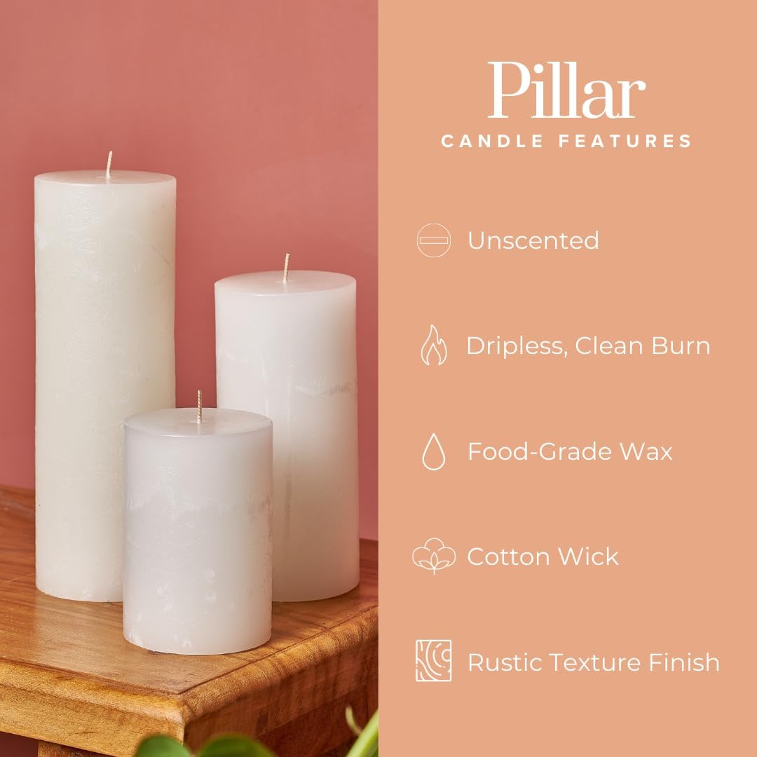 Simply Soson 3x6 inch Ivory Pillar Candles Set of 3, Rustic Texture, Unscented Ivory Candles, Dripless Candles, 3 inch Pillar Candles Ideal as Wedding, Parties, Spas, Dinner, Home Decoration, Church