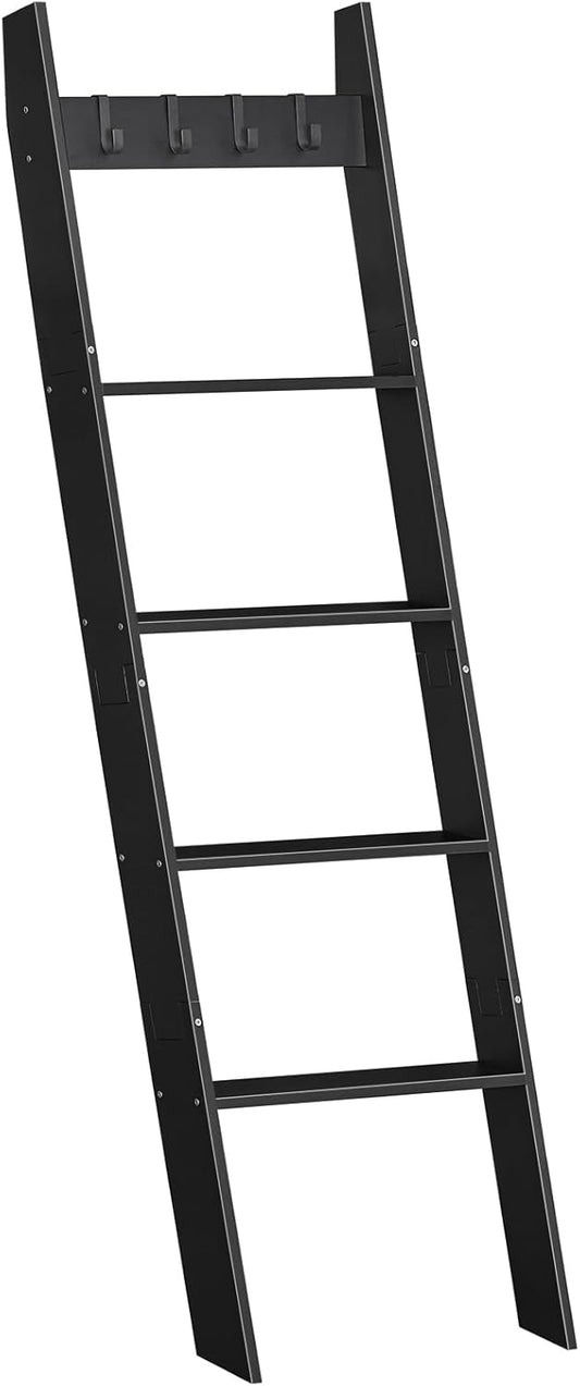 HOOBRO Blanket Ladder for Living Room and Bedroom, 5-Tier Wall Leaning Towel Rack for Bathroom, Decorative Ladder Shelf with 4 Removable Hooks, Farmhouse Blanket Storage, Mocha MA51CJ01G1