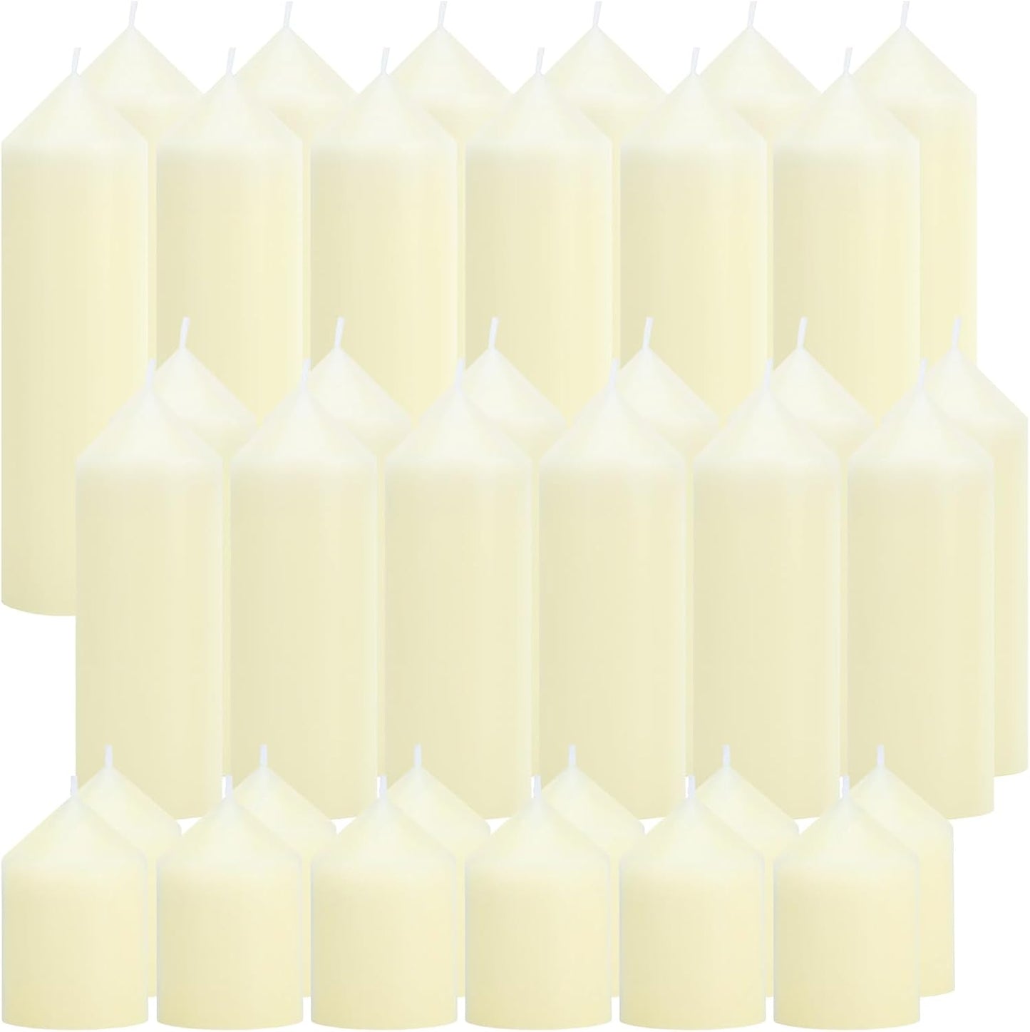 18 Pcs Ivory Pillar Candles Bulk Set，3 Different Lengths 2 x 3/4/6 Inch (6 Each)，Hurricane Candles，Dripless Unscented Smokeless，Gives You a Better Atmosphere When Organizing an Event Party.