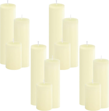 12-Pack Ivory Unscented Pillar Candle Set - 2x3, 2x6, 2x8-inch Long-Burning Drip-Free Tapers, 4 Per Size. Ideal for Home Decor, Weddings, Emergencies, and Holidays.