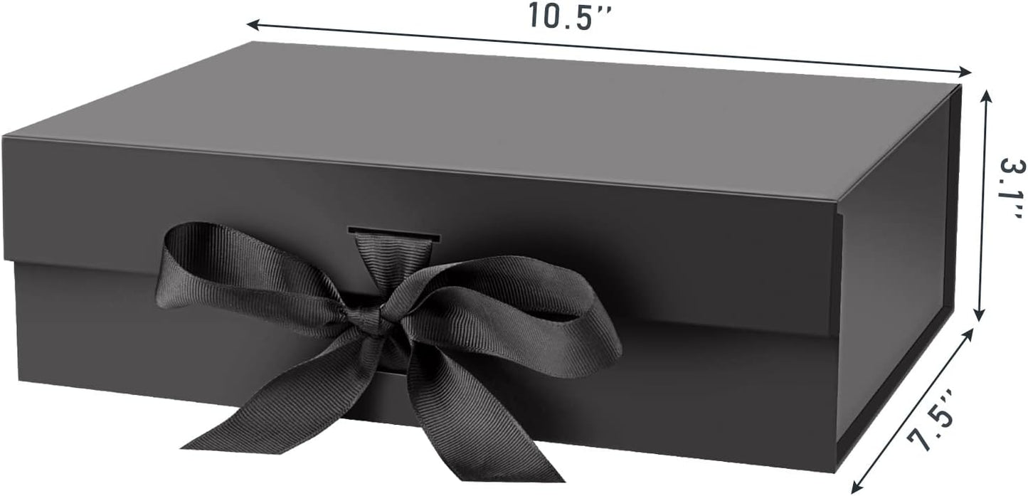 DaiJoob Gift Box with Lid for Presents 10.5x7.5x3.1 Inches with Ribbon and Magnetic Closure(1-Pack) (Black)