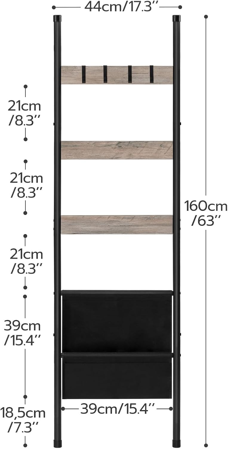 HOOBRO Blanket Ladder, 5 Tier Towel Rack, 17.3" L x 63" H, Wall-Leaning Blanket Rack for Living Room, Decorative Ladder with 4 Hooks and Magazine Pocket, Rustic Brown BF32CJ01
