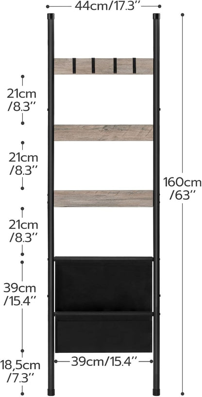 HOOBRO Blanket Ladder, 5 Tier Towel Rack, 17.3" L x 63" H, Wall-Leaning Blanket Rack for Living Room, Decorative Ladder with 4 Hooks and Magazine Pocket, Rustic Brown BF32CJ01