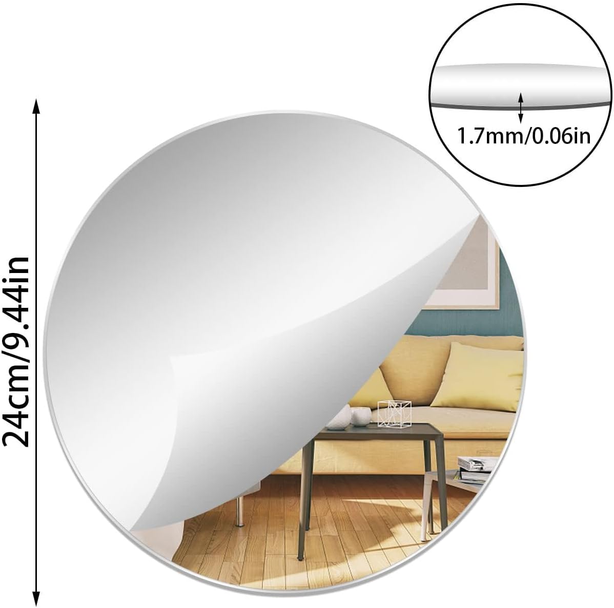 7.87" Round Wall Mirror Tile Self Adhesive Acrylic Mirror Sheet Sticker for Bathroom, Bedroom, Door, Home Decor
