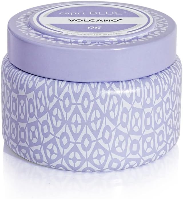 Capri Blue Volcano Printed Travel Tin Jar Candle - Luxury Candle with a Long Lasting Soy Wax Blend - Scented with Tropical & Fruity Fragrance (White Color, 8.5 oz)