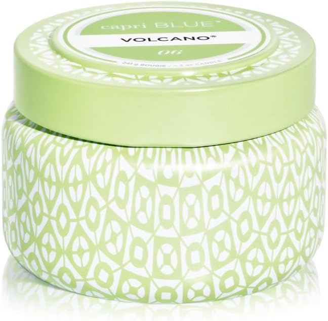 Capri Blue Volcano Printed Travel Tin Jar Candle - Luxury Candle with a Long Lasting Soy Wax Blend - Scented with Tropical & Fruity Fragrance (White Color, 8.5 oz)