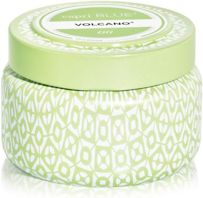 Capri Blue Volcano Printed Travel Tin Jar Candle - Luxury Candle with a Long Lasting Soy Wax Blend - Scented with Tropical & Fruity Fragrance (White Color, 8.5 oz)